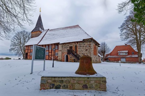 Lassahn village church in the snow in the Schaalsee UNESCO Biosphere Reserve. Lassahn,