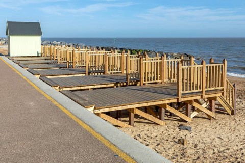 New beach huts built on beach platforms, Return of Beach Huts to the Spa initiative, Felixstowe Spa
