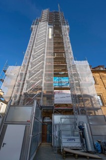 Scaffolding on the tower of the baroque St Boniface's Church, Weißenohe, Upper Franconia, Bavaria,
