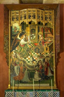 Richly detailed medieval religious painting with several saints and ornate details, Cathedral