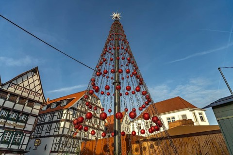 Christmas tree and timbering in Soest, North Rhine-Westphalia, Germany