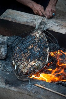 Preparing and grilling Masgouf over an open fire in the southern marshes of Iraq, fish cooked over