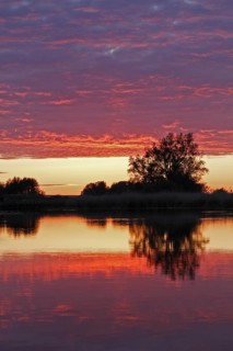 Clouds in the sunset with reflection on the river Trebel, Naturpark Flusslandschaft Peenetal,