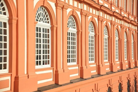 Baroque window row on red house façade, vanishing point, perspective, row, series, Biebrich,