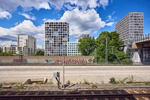 Car bridge and pedestrian bridge, general architecture, skyscrapers, modern building, commercial
