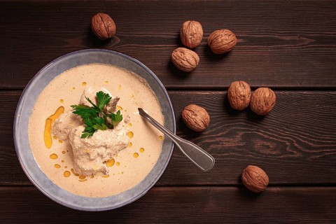Satsivi, Georgian dish, chicken in nut sauce, cold appetizer, rustic, no people, homemade