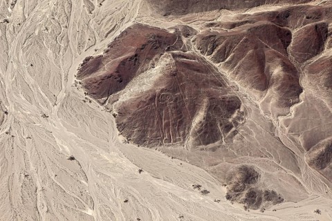 Arid landscape with geoglyphs, photographed from a bird's eye view, The geoglyphs and images in the