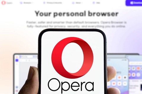 Opera logo is displayed on smartphone. Opera is a multi-platform web browser developed by its