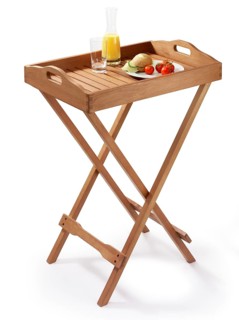 Wooden serving table, butler's table, folding tray table with removable tray, on it a carafe with