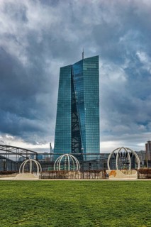 European Central Bank (ECB) in front of dramatic clouds, harbour park, Frankfurt am Main, Hesse,