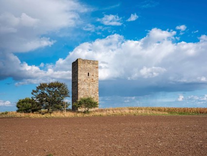 The Blaue Warte in a ploughed field in autumn, medieval watchtower in the Magdeburger Börde, blue