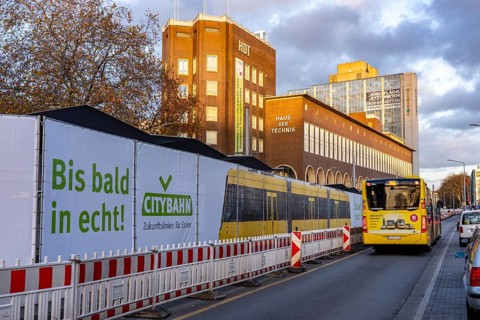 Construction site of the stop at the main train station, for the new city railway, visualization of