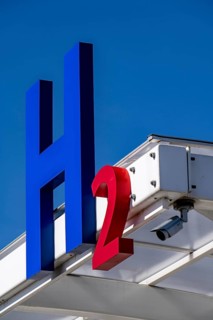 Hydrogen filling station in Antwerp, for cars and lorries, H2 lettering, Belgium