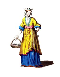Historical clothing, fashion in the course of time, clothing of a maid in China, 18th century,