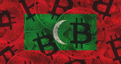 Bitcoin coins on Maldives flag background. Golden bitcoin coins on Maldives flag background