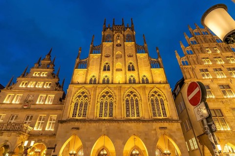 The historic town hall at dusk, Münster, North Rhine-Westphalia, Germany