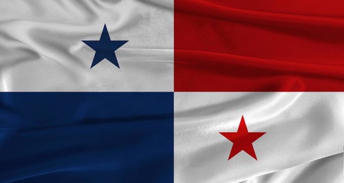 Flag of Panama with fabric textured background. Close up of National flag of Panama with realistic