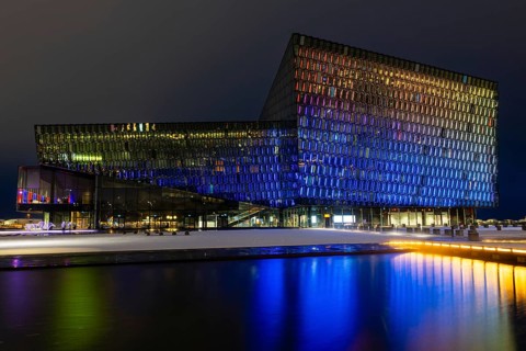 Harpa concert hall, Tónlistar- og ráðstefnuhúsið í Reykjavík, reflection, blue hour, winter,