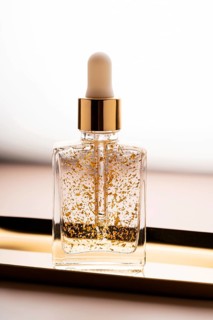 High-end anti-aging face serum bottle enriched with shimmering gold particles against a soft