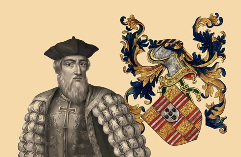 Coat of arms and portrait of Vasco da Gama, c. 1460s – 1524, Portuguese explorer, digitally edited