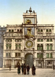The clock, Venice, Italy, Historic, digitally restored reproduction from a 19th century original,