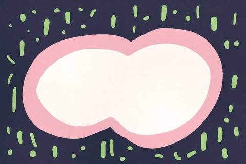 Vibrant abstract illustration featuring playful shapes and colors including blue backgrounds, pink