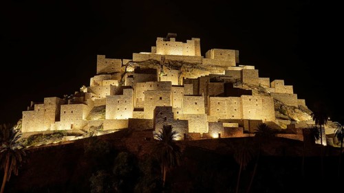 Night shot, lighting, village, mountain village, architecture, houses, Thee Ain, Middle East, Saudi