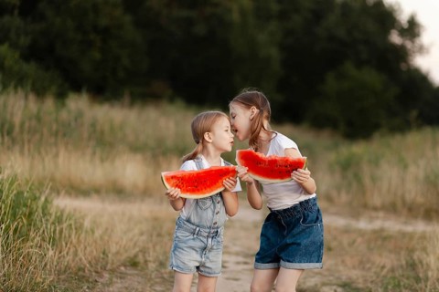 Two children happily share slices of juicy watermelon on a sunny summer day, surrounded by lush