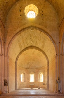 View of the altar in the church of the Romanesque Cistercian abbey of Le Thoronet, Département Var,