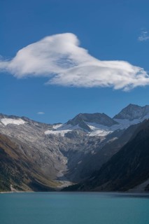 Schlegeisspeicher (1782m), glacier at the Schlegeiskees, blue sky, Zillertal Alps, Tyrol, Austria
