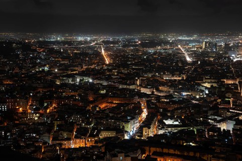 NAPLES, ITALY - JANUARY 15, 2024: aerial view at the city during evening