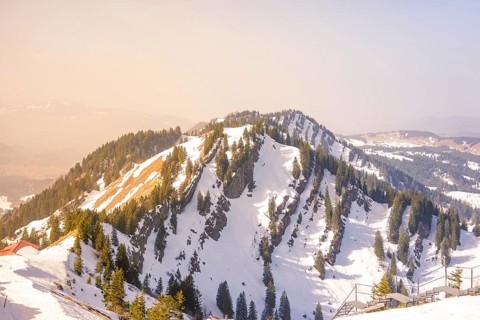 Impressive mountain ridge with snow and trees, lying under a clear sky, Hochgrat Mountains, Allgäu