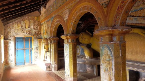 Detailed temple interior with reclining Buddha in the Kumarakanda kumara maha viharaya temple with