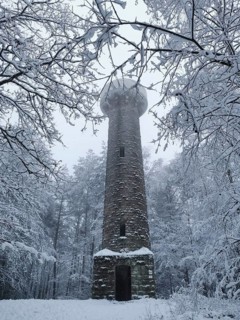 An old stone tower is surrounded by snow-covered trees in a wintery forest, Lucas Cranach Tower in