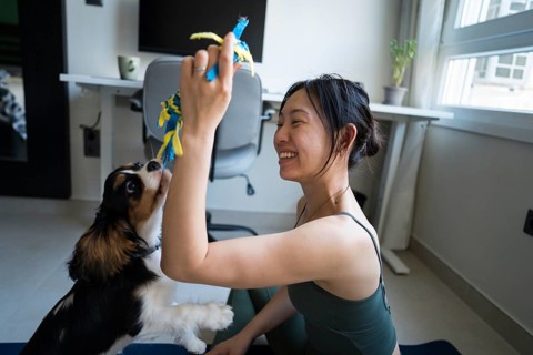 Young Asian woman attempts a home workout while her energetic dog playfully interrupts her exercise