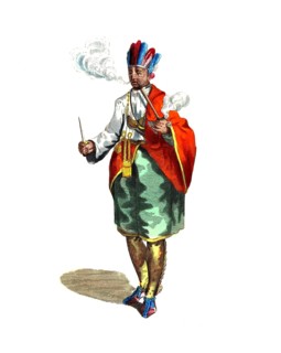 Historical clothing, fashion through the ages, clothing of a Delaware Indian with his tomahawk