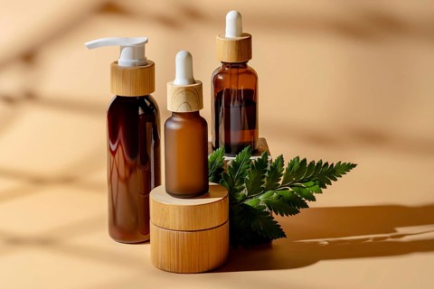 Aesthetic arrangement of cosmetic bottles on a beige background, accented with natural elements.