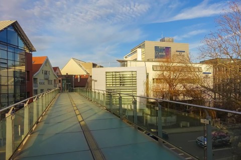 Buildings, commercial buildings, office buildings, modern architecture, bridge, pedestrian