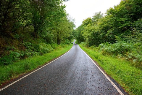 Long, winding road through a green forest on a quiet day, Loch Awe, Scotland, United Kingdom,