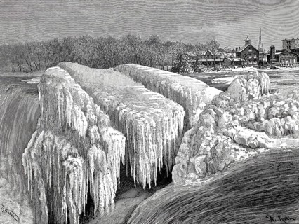 Ice island in the middle of the frozen Niagara Waterfall, 1896, Canada, America, illustration,
