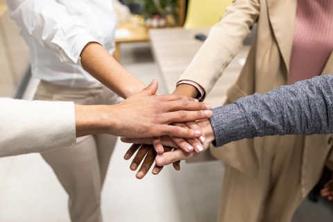 A diverse group of colleagues joins hands in solidarity, symbolizing teamwork, unity, and