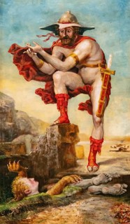 Oedipus, King of Thebes and the Sphinx ambushing travellers to pose them a riddle, painting by