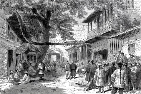 Street scene around 1890 in Lan-Tscheu-fu, today Lanzhou, the capital of the Chinese province of