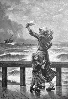 Farewell, Woman with children waving after a ship, Fishing boat in stormy sea, Holland, North Sea,