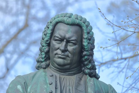 Memorial and head of composer Johann Sebastian Bach, Bach monument, bronze sculpture, face, detail,