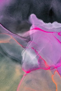 Stark neon pink and orange lines sweep across a sombre black textured paper, showcasing a vivid