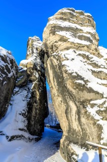 Neurathen rock gate and Bastei bridge on a winter morning, Saxon Switzerland, Saxony, Germany