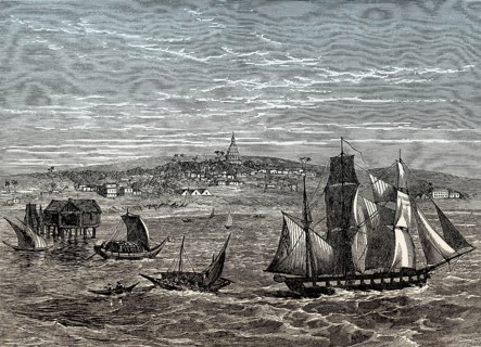 Historical view of Yangon also known as Rangoon, Myanmar, early 19th century, From British Battles