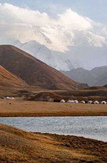 Yurts in front of Lenin Peak, Pamir Mountains, Osh Province, Kyrgyzstan