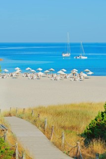 Wooden bridge leading to Cala Saona, Formentera, Baleric Islands, Spain